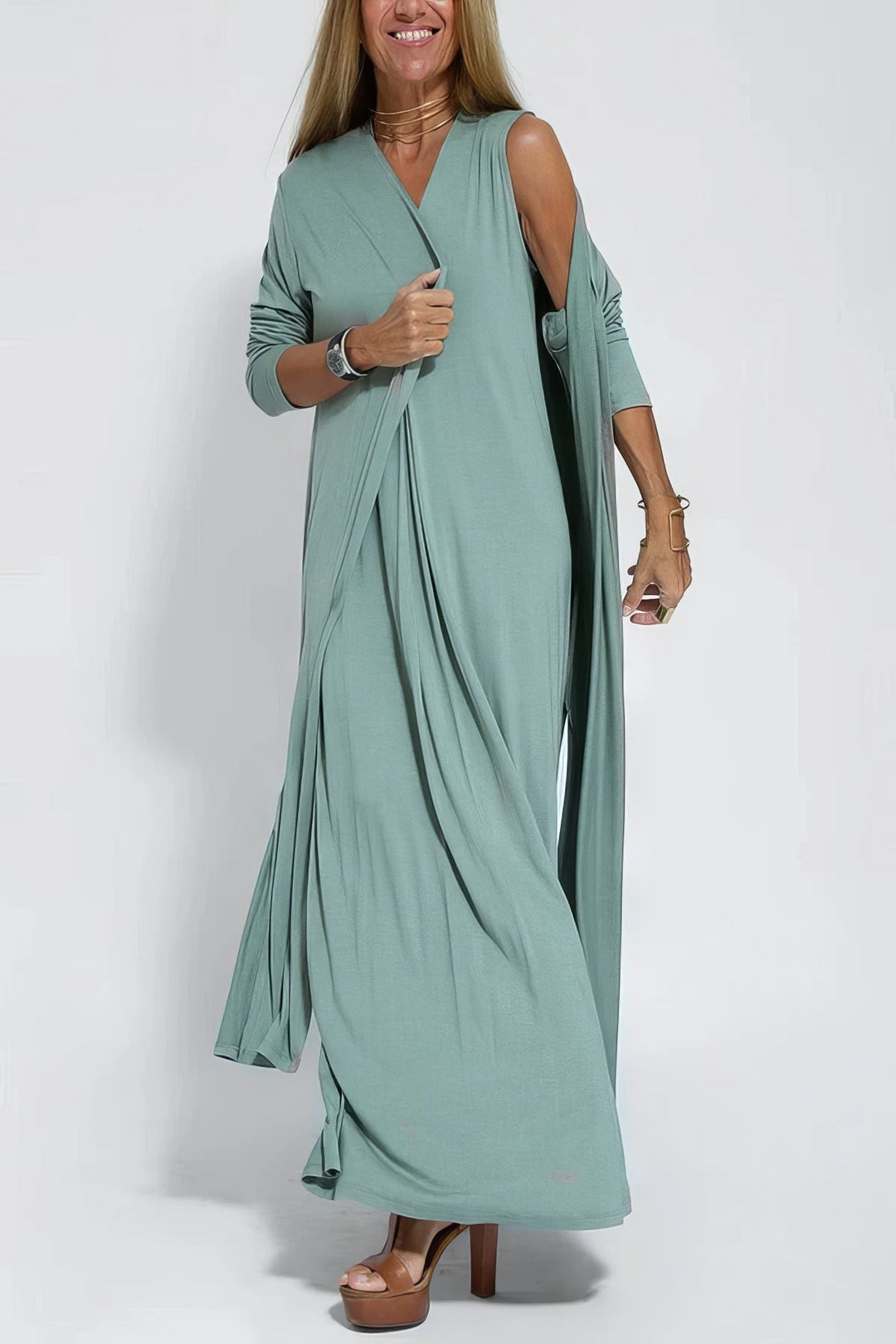 Elegante lange jurk en cardigan set